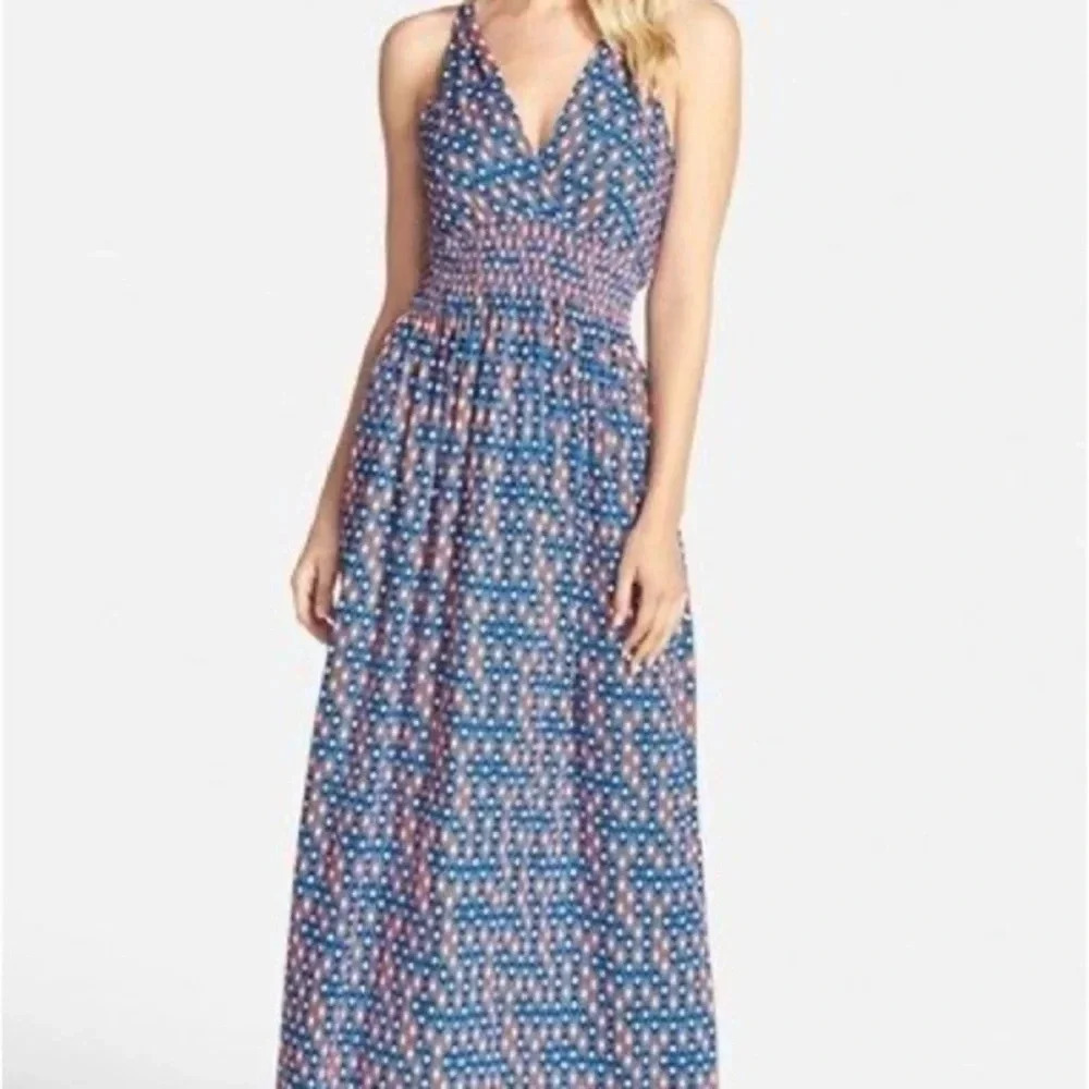 Halter neck blue and orange maxi dress